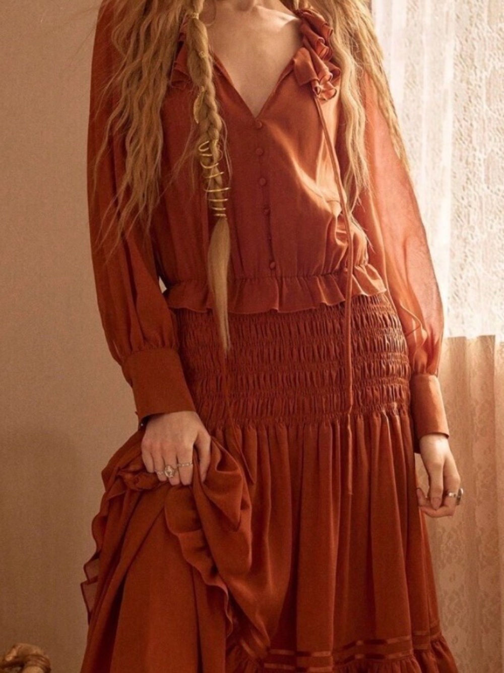 Rust Brown Ruffle Collar Smocked Maxi Dress - Picture 6 of 7